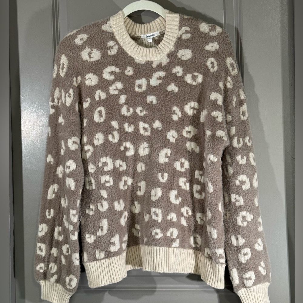 Splendid Taupe & Cream Leopard Plush Crewneck Sweater